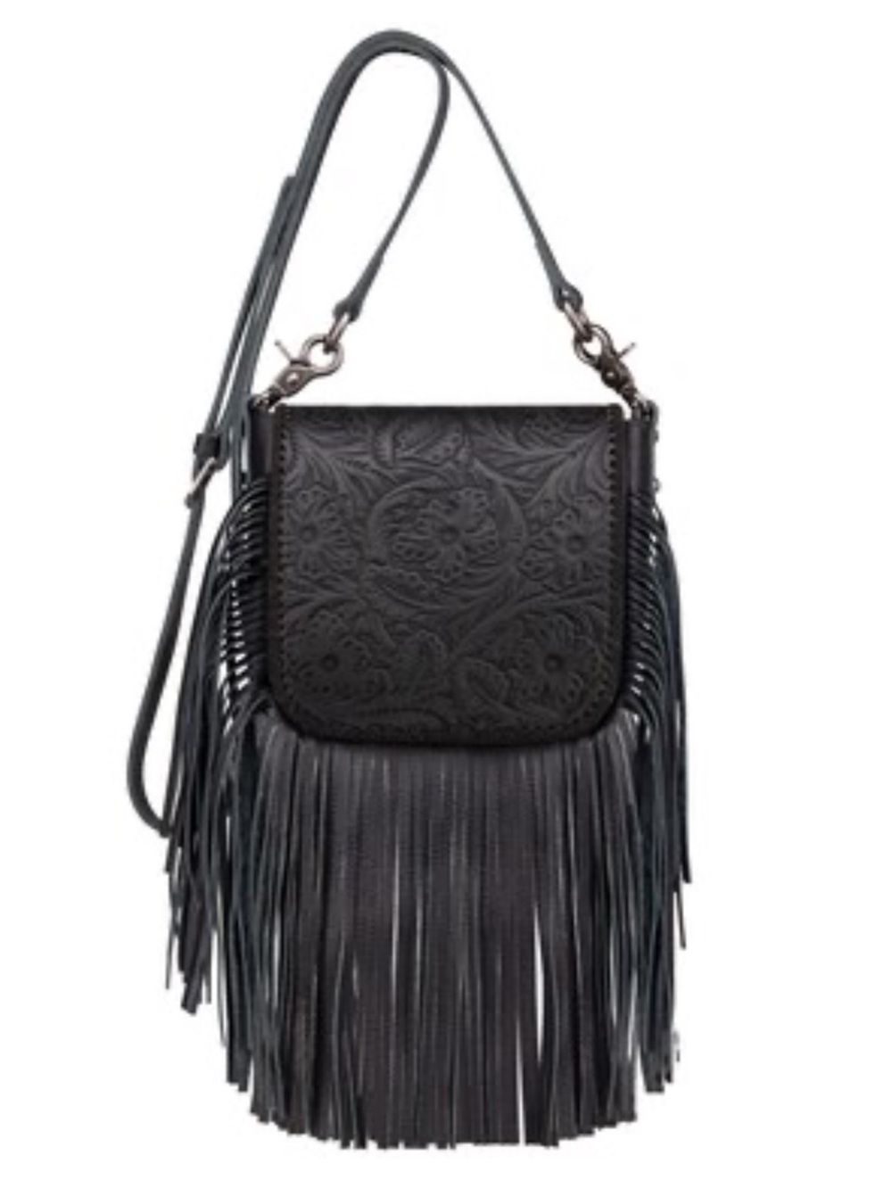 Small Montana West genuine leather tooled fringe black crossbody